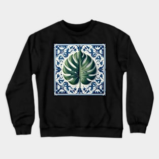 Classic Delft Tile With Monstera Leaf No.3 Crewneck Sweatshirt